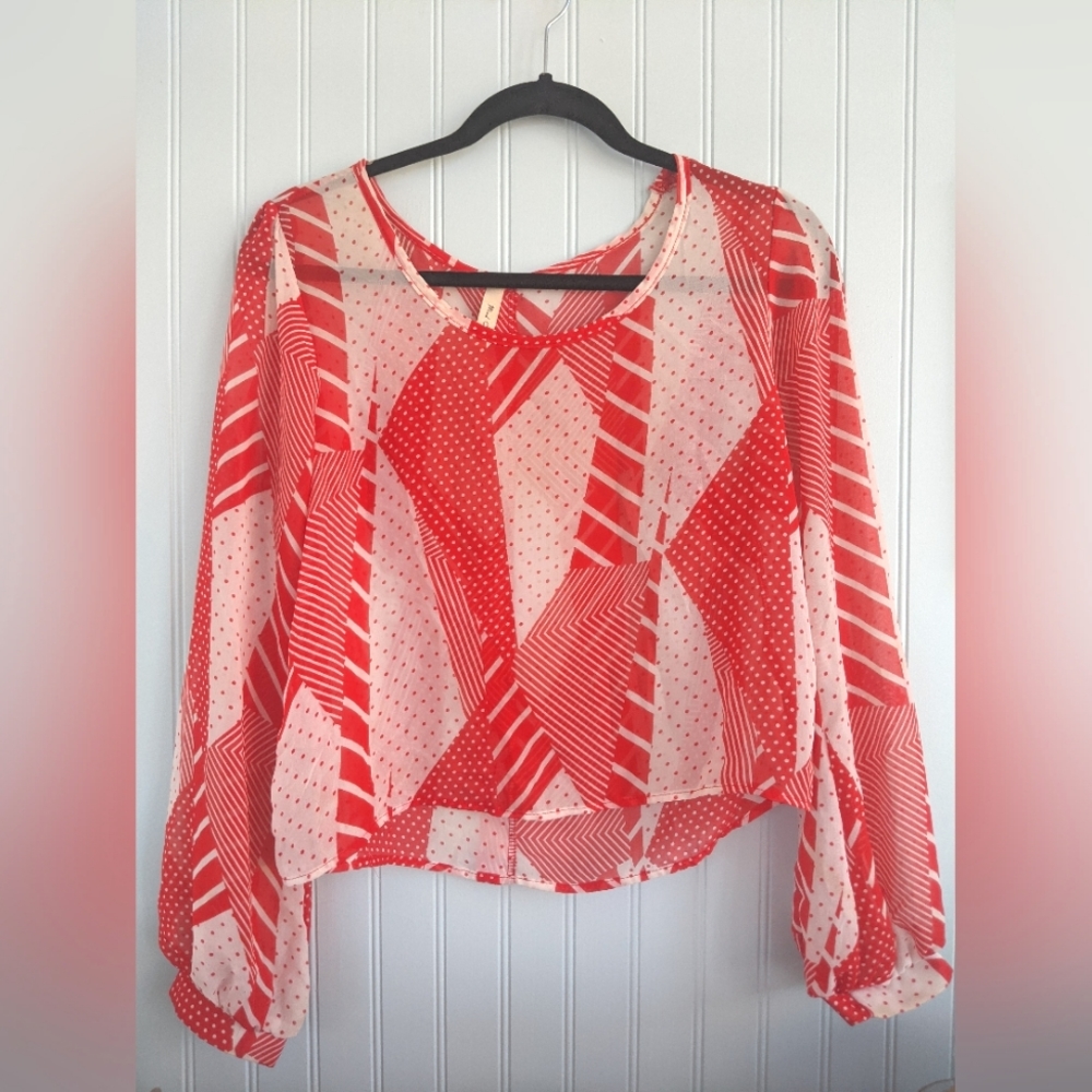 Abstract mind code red orange white graphic print button detail sheer shirt Sz S